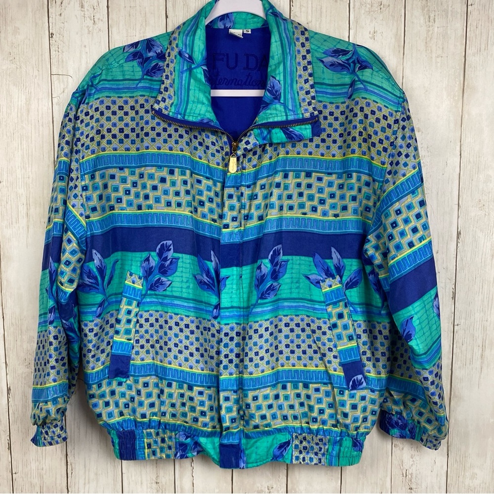 Vintage Fuda International blue 100% Silk zip front bomber jacket Small EUC